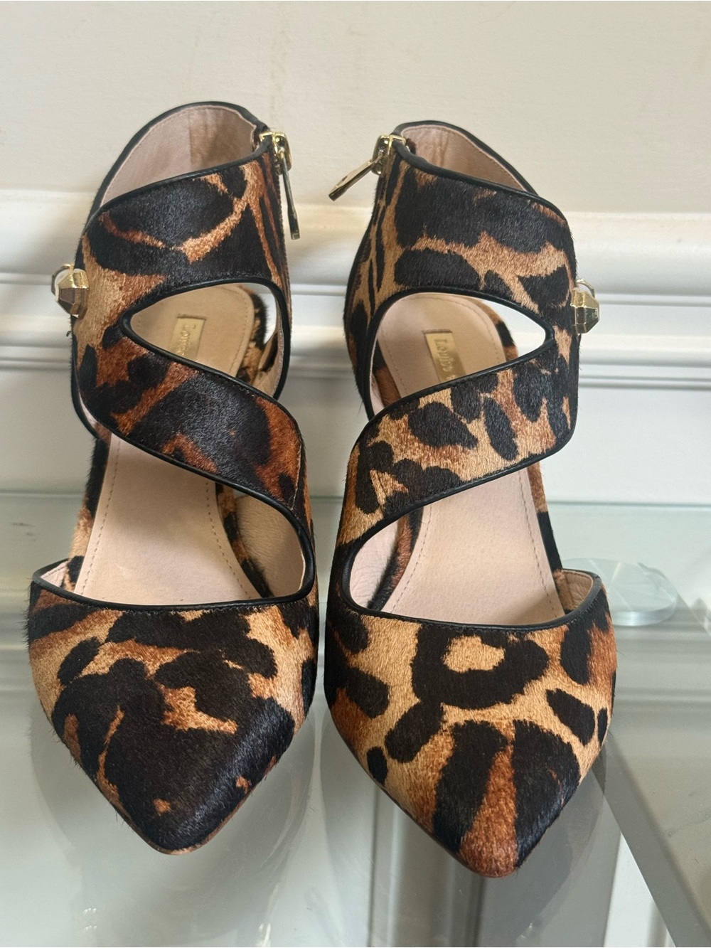 Louise et Cie Leopard Print Pointed Toe Strappy Heels in Brown and Black